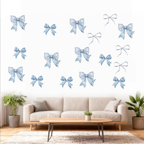 12 Sheets 69Pcs Pink Bow Wall Stickers, Watercolor Pink Bow Wallpaper, Easy Peel and Stick Girls Wall Stickers for Kindergarten, Nursery, Bedroom, Living Room (Blue)