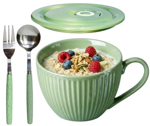 Jumbo Tasse 700ml mit Deckel,Großer Frühstücksbecher Keramik mit Löffel&Gabel,Müslischale mit Henkel,Suppenschale,XXL Kaffeebecher,Suppentasse, Rippen Design,Ideal für Kaffee,Tee,Hafermilch,Suppen