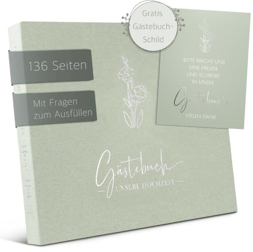 Love Notes Gästebuch Hochzeit mit Fragen zum Ausfüllen, Salbei | Hochwertiges Hochzeitsbuch für unvergessliche Erinnerungen, Edle Silberprägung, 70 Gasteinträge, 21x23 cm, Leinen Hardcover