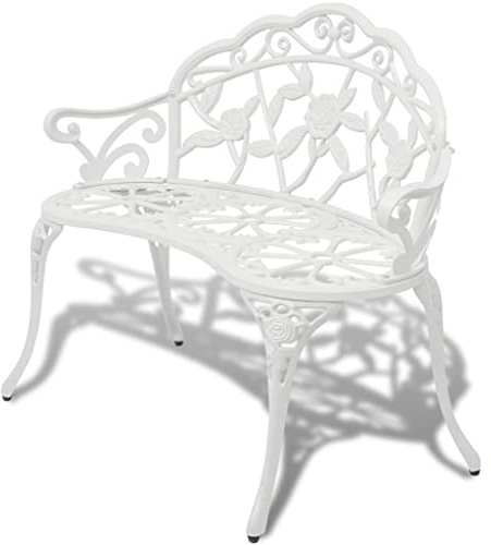 Foknhdi Banc de jardin 100 cm en fonte d'aluminium blanc, ornement floral romantique, pieds en fonte robuste, design moderne pour jardin, balcon, terrasse, banc de parc, pour 2 personnes jusqu'à 110