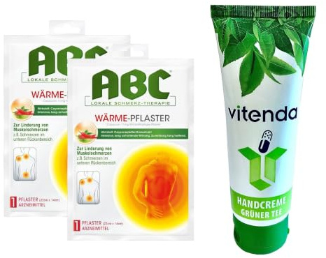 vitenda Set: Wärmepflaster gegen Muskelschmerzen im Rücken mit ABC Hansaplast med Capsicum, 14 x 22 cm, 2x1Stk – inkl. vitenda Handcreme