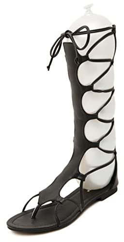 LvRao Donna Zip Lacci Sandali Gladiatore Comfort Piatto Basse Ginocchia Stivali (Nero, EU 39)