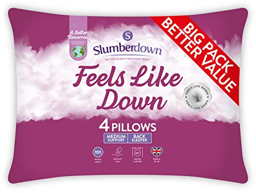 Slumberdown Feels-Like-Down Pillows 4 Pack - Medium Support Back Sleeper Pillows for Back Pain Relief - Comfortable, Hypoallergenic, UK Standard Size (48cm x 74cm)
