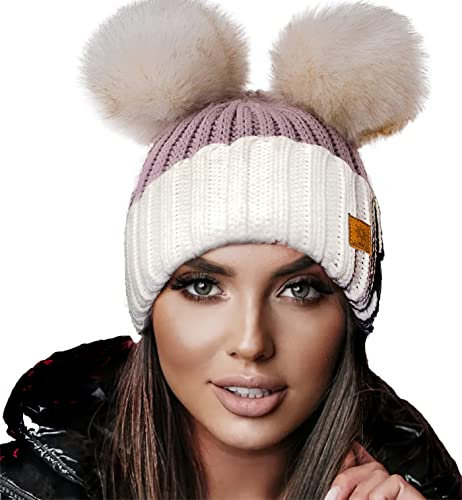 4sold Miki Farbe Damen Wintermütze Wolle Strickmütze Mit Doppelten Pom Pom Cap Ski Snowboard Bobble (White Rouse Pink)