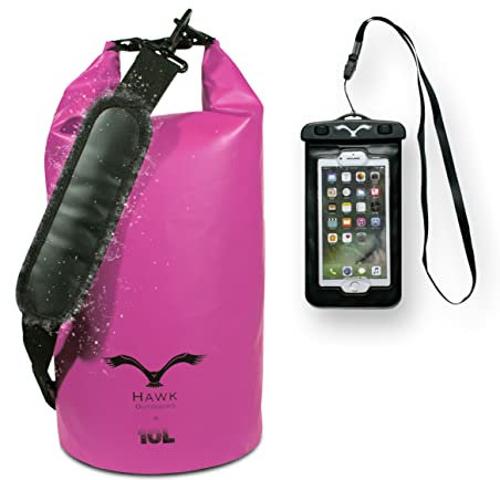 HAWK Dry Bag - Wasserdichter Beutel • verstellbare Schulter-Gurte • inklusive wasserdichter Handy-Hülle • 30L/20L/10L • Seesack • Kanu, Rafting, Segeln, Schwimmen, Surfen, Motorrad - 10L pink