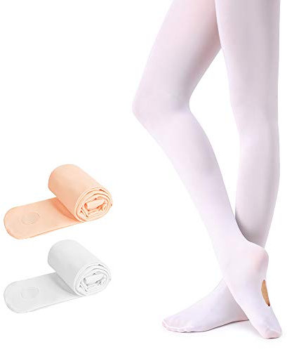 Soudittur Kinder Ballett Strumpfhose Convertible Tanz-Strumpfhosen mit Fersenloch 90D für Mädchen und Damen Weiß und Rosa(2 Paar), Gr.- S (110-125 cm)