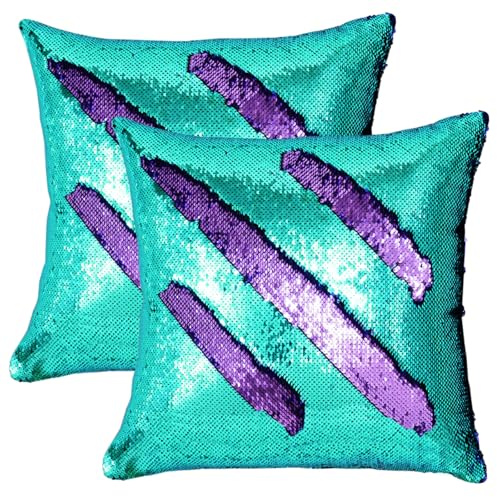 SquarePie Reversible Sequin Pillow Covers Set of 2, Flip Sequin Decorative Pillowcases, Magic Sublimation Throw Cushion Covers,18x18 Inches Teal Blue and Light Purple