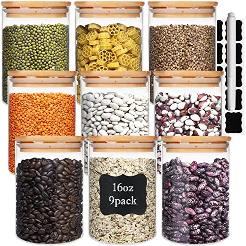 DHSBTLS Frischhaltedosen aus Glas mit luftdichtem Bambusdeckel, 9 Stück, 490 ml, Speisekammer-Organisation, Glas-Terrarium mit Deckel, Gewürze, Mehl und Zuckerbehälter, Kanister-Set für Küchentheke