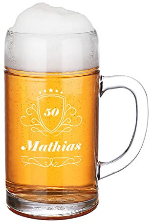 Bierkrug mit gravierten Namen und Jubiläumszahl - Maßkrug mit 1Liter Nutzinhalt - Geschenkidee für Genießer - Weißbier, Weizenbierg - Oktoberfest München - Motiv Jubiläum Wappen