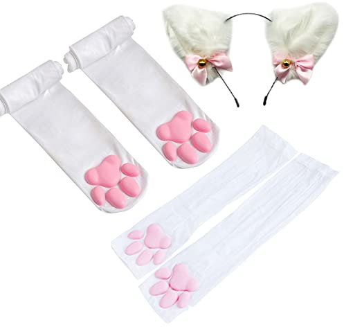 ztowoto Cute Cat Paw Pad Thigh High Socks, Pink 3D Kitten Claw Mittens Long Fingerless Gloves and Fox Ear Headband for Girls Women Cat Cosplay (White-1)