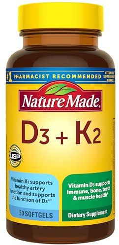 Nature Made Vitamin D3 K2 Supplement, 5000 IU (125 mcg) Vitamin D for Bone, Teeth, Muscle and Immune Support, 30 D3 and K2 Softgels, 30 Day Supply