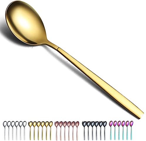 Golden Dinner Cutlery Set, Kyraton 6 Pieces, 19cm Stainless Steel Titanium Plated Gold Table and Dessert Spoons, Dishwasher Safe