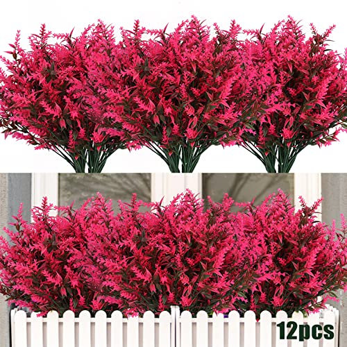 12 Bundles Artificial Flowers for Outdoor Decoration, Spring Decoration UV Resistant Faux Outdoor Plastic Greenery Shrubs Plants Artificial Fake Flowers Hanging Planter Home Garden Decor 12Pcs(Pink)