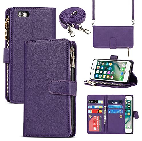 Cavor Crossbody iPhone 6/6S Case With Card Holder With Strap,Flip Leather Wallet Case,[9 Card Holder] Zipper Detachable Lanyard Phone Case Cover for Women for iPhone 6/6S - Purple