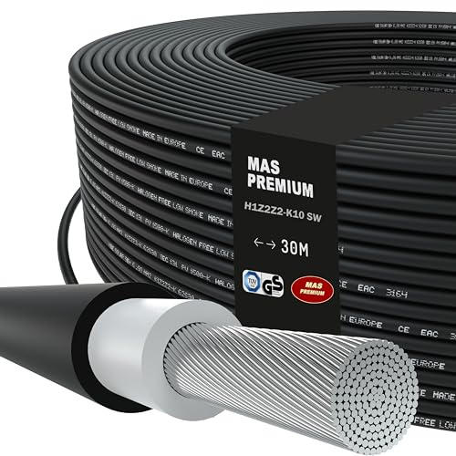 MAS Premium Solarkabel H1Z2Z2-K 4 6 10 mm² Solarleitung TÜV-2 Halogenfrei doppelt isoliert Frei bewegliche oder feste Verlegung in Photovoltaikanlagen 5-200m (H1Z2Z2-K 10, Schwarz, 30m)