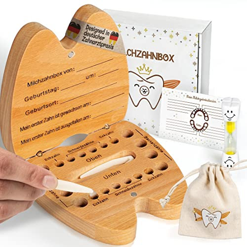 LaGelsah Boîte à dents pour garçons et filles avec lettre de fée des dents, sablier, sac, calendrier, boîte à dents de lait personnalisable, idée cadeau de baptême, cadeau pour bébé