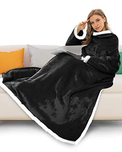 Maxesla Thicken Wearable Blanket with Sleeves, Fleece Oversized Snuggle Blanket with Sleeves for Men & Women, Warm Comfy Snuggle Blankets Gift for Her, Birthday Gift for Women 175 x 130 cm,Black
