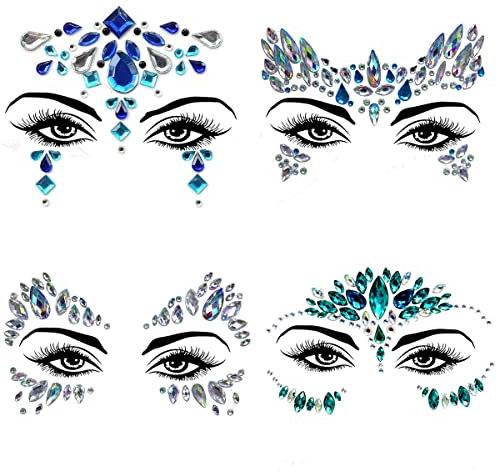Gesicht Edelsteine, 4PCS Gesicht Strasssteine, Strass Temporäre Tattoo, Gesichtstattoo Selbstklebend, Face Sticker Glitter für Halloween, Karneval Schminke, Parties, Make-up