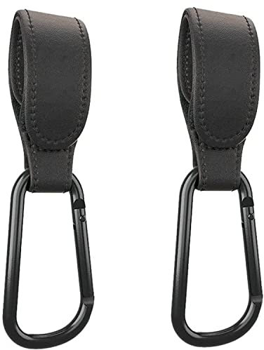 Leather Style Buggy Clips, 2 Pack Heavy Duty Pram Clips Stroller Hooks and Carabiner Clips, Leather Straps for Strollers Pushchairs Backpack Handbag Shopping Bags
