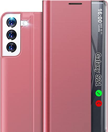 Handyhülle für Samsung Galaxy S21 5G Hülle Klappbar, Luxus Dünn Spiegel Flip Leder Hard PC Stoßfest Case Cover für Samsung Galaxy S21 Hülle mit Ständer Klappbar, Clear View für Samsung S21 Hülle