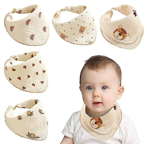 VEIYI Baby Lätzchen 5 Stück Baby Musselin Halstuch aus Baumwolle, Absorbierende Dreieckstuch mit Druckknopf Weiche Sabberlätzchen für Neugeboren Junge und Mädchen