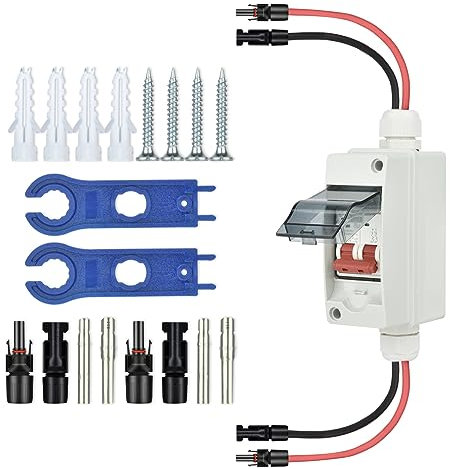 NUZEKY DC Trennschalter 500v - DC Trennschalter 20A , DC Trennschalter Sicherungsautomat 2 polig 20A 2P 500V Mit Kabel, IP65 Wasserdicht Gehäuse Schutzschalter für Solaranlage