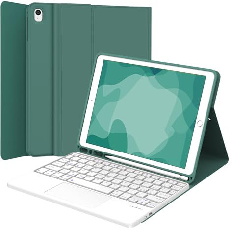 JADEMALL Coque Clavier avec Touchpad pour iPad 6/5eme Generation 9.7, AZERTY Clavier avec Pavé Tactile pour iPad Air 2/1, Détachable sans Fil Clavier avec Porte-Crayon, Vert foncé