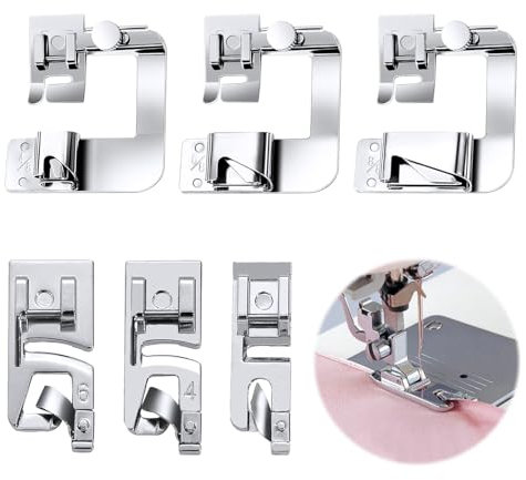 6 Stück Nähfüße für Rollsäumer - 4/8 6/8 8/8 Breiten Rollsaum Nähfüße und 3/4/6 mm Schmalen Rollsaum Nähfüße - Geeignet für Brother Singer Janome Heimnähmaschinen