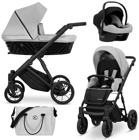 Kunert® IVENTO 3 in 1 Kinderwagen Kombikinderwagen komplettset I incl. Babywanne & Buggy Sportsitz & Auto-Babyschale mit Wickeltasche/Regenschutz +Fußsack I IVE 06 DOVE GREY/BLACK FRAME