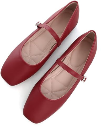 TN TANGNEST Flache Schuhe aus Leder für Damen, bequeme flache Schuhe mit quadratischer Zehenpartie, weiche Arbeitsschuhe, Retro, Mary Jane Flats, F Rot, 37 EU