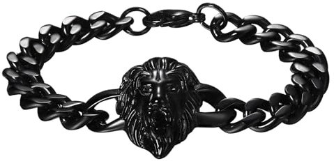 Flongo Herren Löwe Armband Edelstahl: schwarz Wikinger Schmuck Charms Cuban Kette mit Löwenkopf Lion Head Löwen Armkette retro biker Geschenk für Männer Damen breit Weihnachten Geburtstag Jahrestag