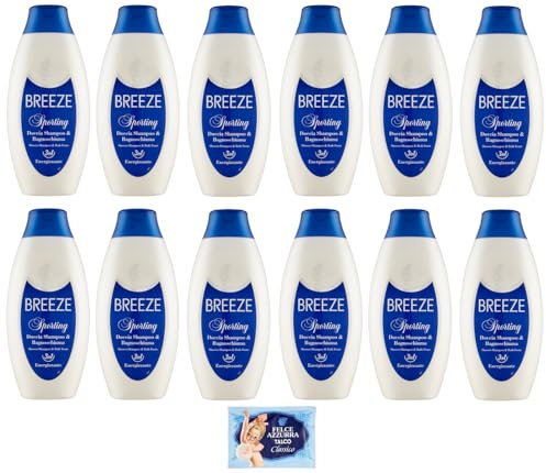 12x BREEZE Sporting Doccia Shampoo e Bagnoschiuma,deterge efficacemente corpo e capelli 400ml + 1 Busta di Talco Felce Azzurra in omaggio da 100g