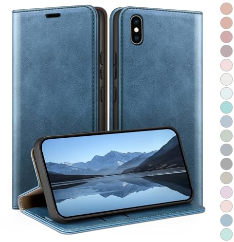 HUOUH für iPhone XS Max 6,5 Hülle mit RFID Schutzhülle aus Lederhülle Handyhülle,360 Grad Schutz Case,Kartenfach Leder ständer Handy hülle für Apple XS Max Klapphülle Wallet Cover Leuchtend Blau