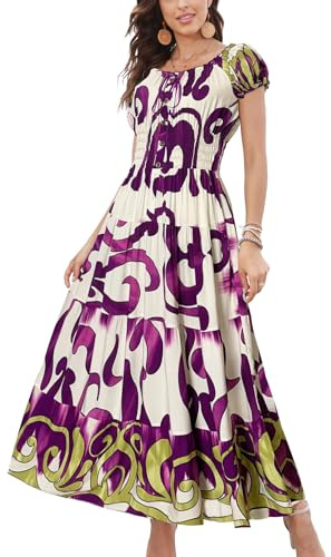 OSTOO - Maxi abito lungo da donna estivo Boho con stampa floreale, casual, morbido, Fiori viola., L