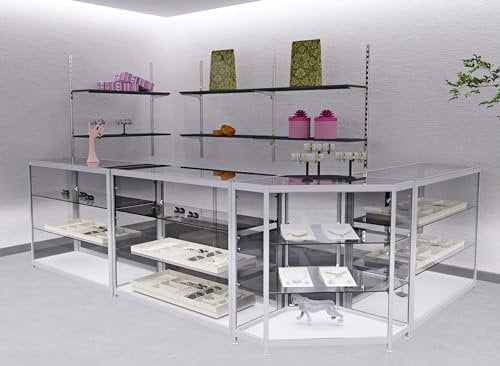 Verkaufsvitrinen Silber Vollglas, Set 3x Thekenvitrine B120xH94xT50 cm und 1x Eckvitrine B70,5x H94xT53,5 cm, Vitrine LED-Spots, Schmuckvitrine ESG-Sicherheitsglas, Verkaufstheke L-Form
