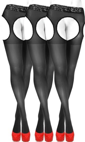 sesto senso Collant Ouvert 3 paires Femme Sexy 15 Den Bas Pour Porte-Jarretelles Trou Entrejambe XL Noir