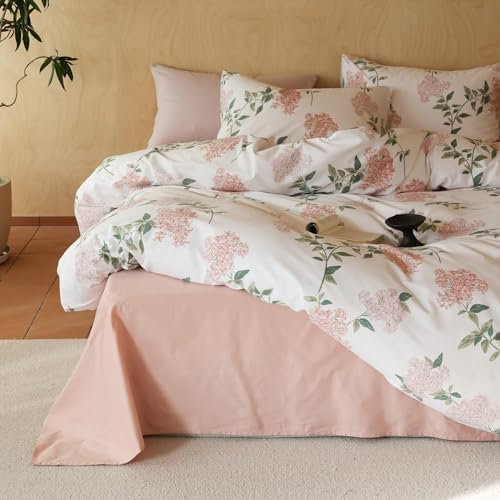 MKXI Flower Duvet Cover Girl Duvet Cover Full Pink Lilac Floral White Print Bedding Botanical Duvet Cover 100% Cotton Farmhouse Bedding