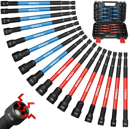 SHALL 16PCS Magnetic Nut Driver Set - 6 Long Nut Driver Set for Impact Drill - SAE and Metric Nut Driver Bit Holder with 1/4Hex Shank - Magnet Socket Set with Sturdy Tool Box
