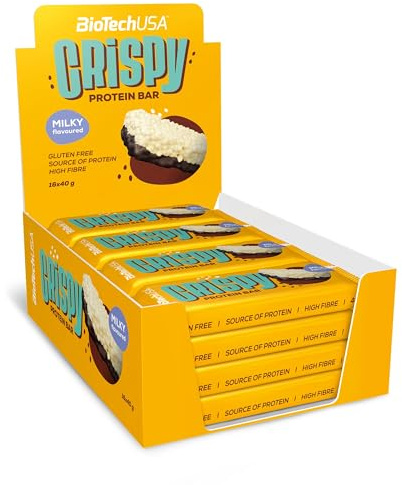 BioTechUSA Crispy Protein Bar | Knuspriger Proteinriegel | Milchprotein-Extrudat | Keksstücke | Knusprige Textur, ballaststoffreich | Gluten- & GMO-frei | 16x40 g, Milch