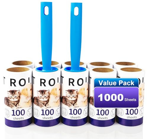Brosse Poils Animaux 1000 Feuilles,Rouleau Anti-Peluches Extra adhésif pour Poils d'animaux, Vêtements, Poils de Chat, Poils de Chien (10 Rouleaux avec 2 dérouleurs)