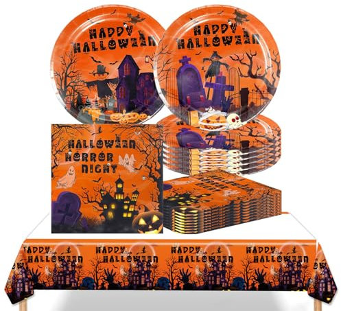 Platos de papel de Halloween, vajilla de fiesta de cumpleaños, suministros de fiesta de cumpleaños, juego de vajilla para niños, suministros de fiesta de cumpleaños (naranja)