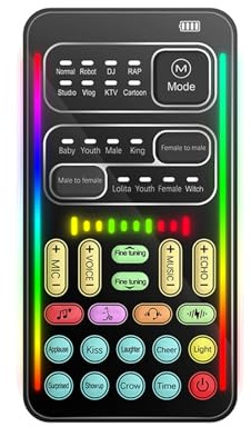 Fesjoy Máquina de efectos de sonido, cambiador de voz portátil con 8 efectos de sonido, luz colorida, mini transmisión en vivo, micrófono de mano, máquina de efectos de sonido para teléfono