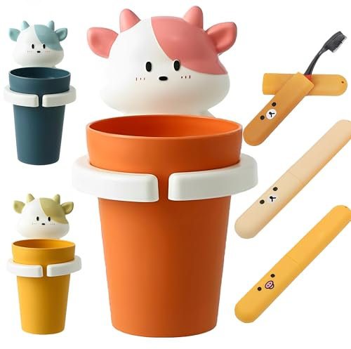 DXIA Zahnputzbecher mit Zahnbürstenhalter, Zahnbürstenhalter für Kinder mit 3 Stück Zahnbürstenhüllen, Cartoon Tiere WC Zahnbürste Zahncreme Zahnpasta, Zahnpasta-Utensilien(Rosa)