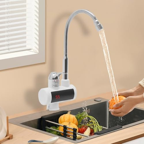 Elektrische Wasserhahn mit Durchlauferhitzer, 220V 3000W Elektrisch Warmwasserhahn Küchenarmatur 360° Edelstahl Armatur für Küche, Garten, Bad, Camping