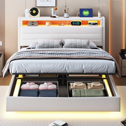 Moimhear Polsterbett 140x200cm, Hydraulisches Schwebender Bettrahmen mit Stauraum, Polsterbett mit USB-Steckdose und LED-Licht, Wendekopfteil, Leinen Beige