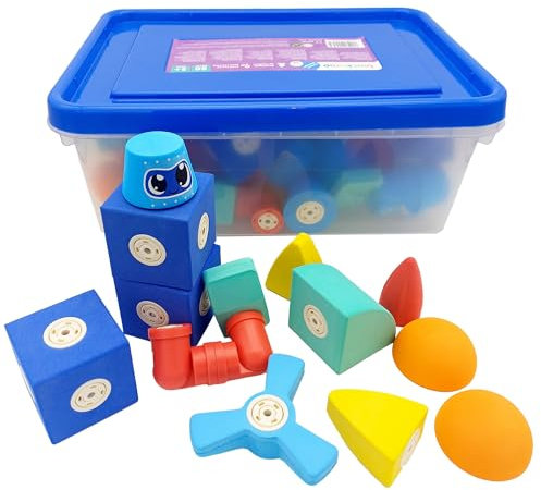 Blockaroo Magnetische Baukloetze als Lernspiel Fuer Kinder, paedagogisches Wasserspielzeug Set Fuer kreative Konstruktionen, optimal Fuer die Bannewanne, Grosse Schloss Box mit 60 Bausteinen