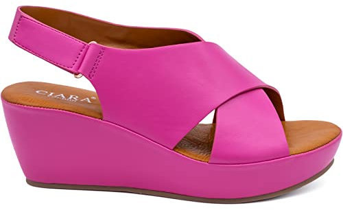 CIARA LONDON Ladies Slip On Mid Heel Wedge Casual Summer Sandals, Hook & Loop, Slingback, Open Toe, Fuchsia UK 5