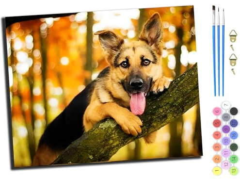 WANGXIAO DIY Hand Oil Painting,Paint by Numbers Kits for Adults Beginner,for Home Living Room Bedroom Decor,16x20inch，Shepherd Dog Climbing a Tree,with Frame