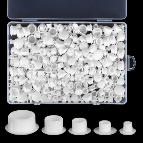 400 Pièces Cache Trou Bouchon, 5/6/8/10/12mm Capuchons pour Trous de Perçage, Plastique Bouchon de Trou de Percage Blanc avec Boîte, Cache Trou Meuble