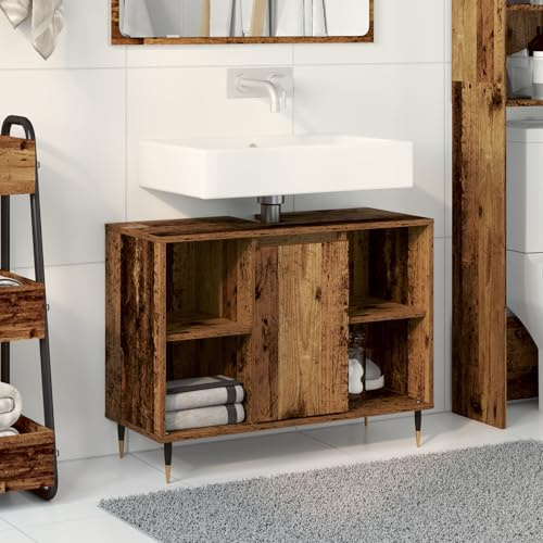 IBUQDDV Rustikaler Badezimmer Waschtisch Altes Holz Massivholz Mittelgroß mit Regalen und Schiebetür für Stauraum